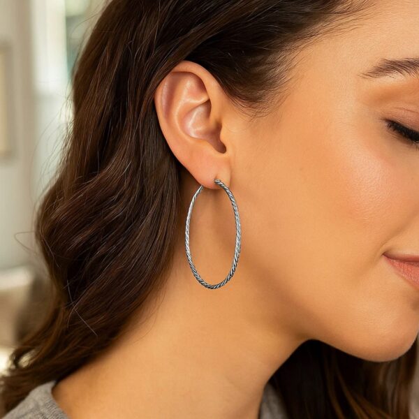 Hoop Earrings with Twist Texture in Sterling Silver(50mm) - alternate view 2