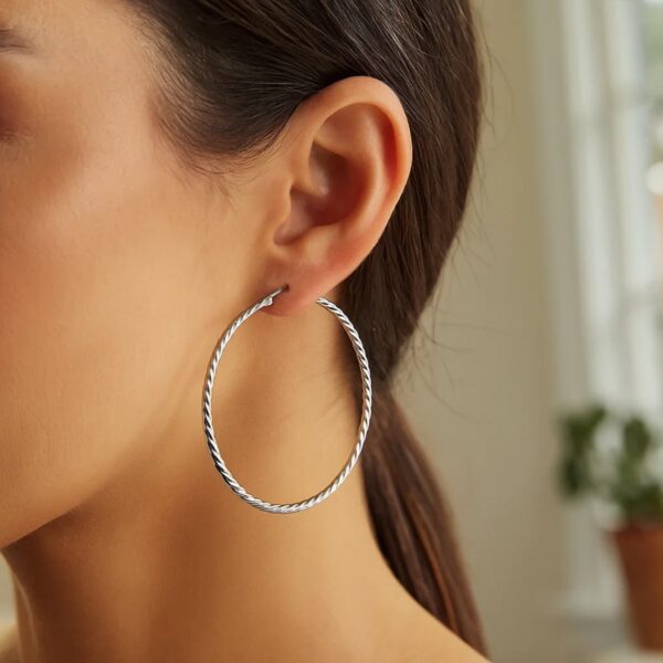 Hoop Earrings with Twist Texture in Sterling Silver(50mm) - alternate view 3