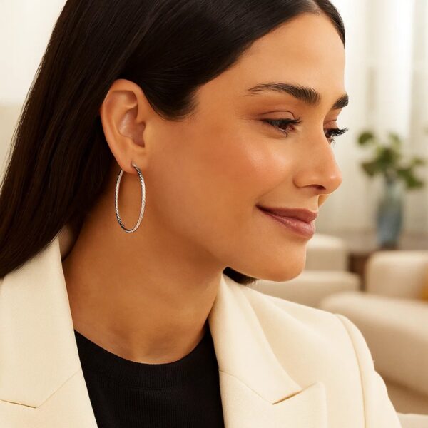 Hoop Earrings with Twist Texture in Sterling Silver(50mm) - alternate view 4