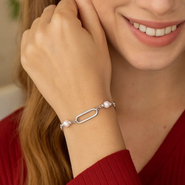 Sterling Silver Rhodium Plated Pearl Paperclip Bracelet - alternate view 2