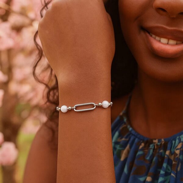 Sterling Silver Rhodium Plated Pearl Paperclip Bracelet - alternate view 3
