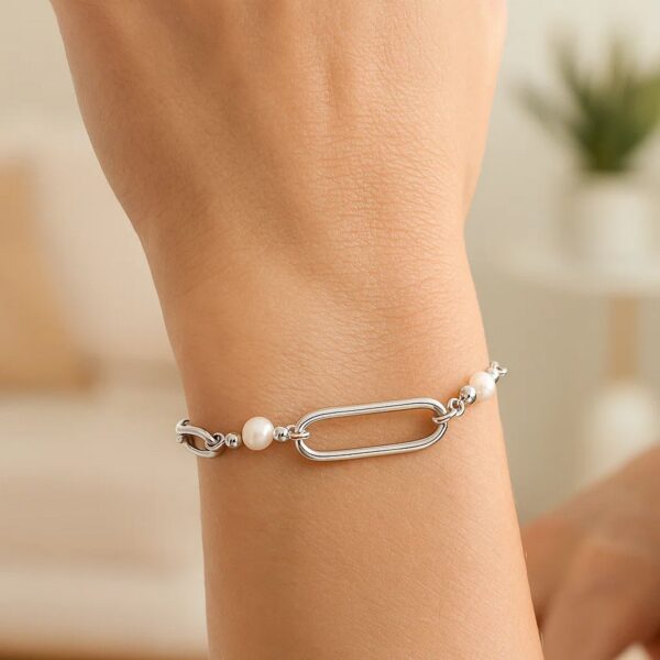 Sterling Silver Rhodium Plated Pearl Paperclip Bracelet - alternate view 4
