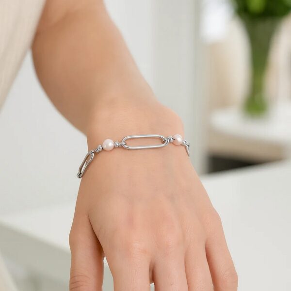 Sterling Silver Rhodium Plated Pearl Paperclip Bracelet - alternate view 5