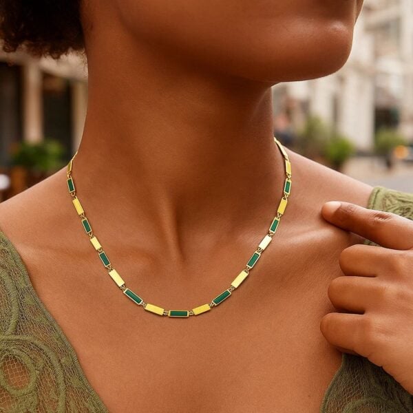 14K Yellow Gold Malachite Rectangle Links Necklace (3.50 mm) - alternate view 5