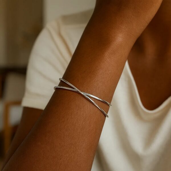 Sterling Silver Rhodium Plated Slip On Cross Over Bangle (11.10 mm) - alternate view 5