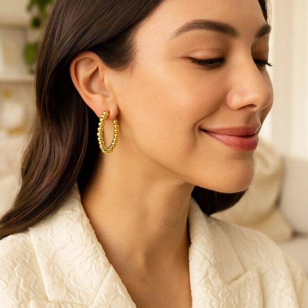 14K Yellow Gold Polished Medium Bead Hoop Earrings - alternate view 2