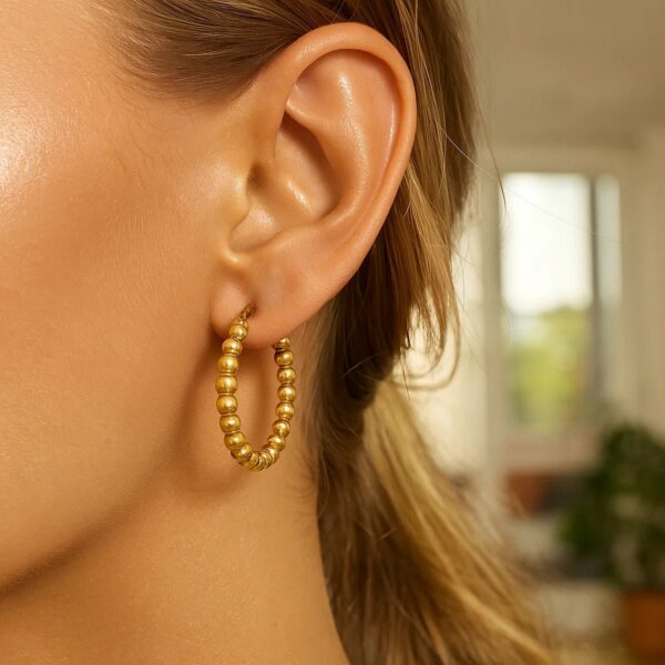 14K Yellow Gold Polished Medium Bead Hoop Earrings - alternate view 3
