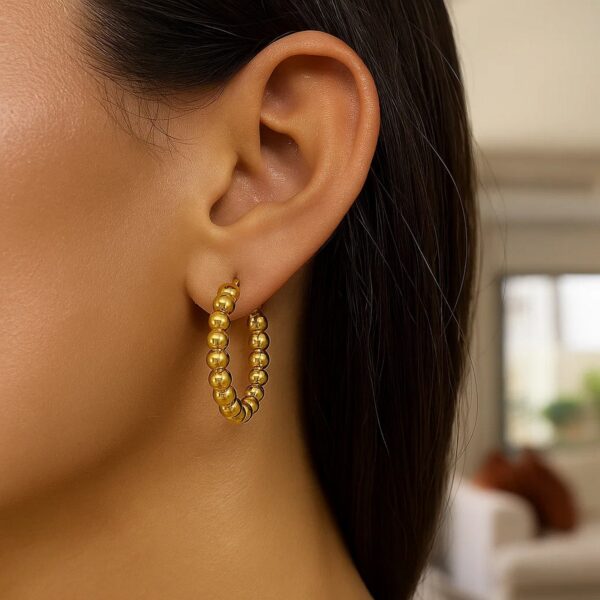 14K Yellow Gold Polished Medium Bead Hoop Earrings - alternate view 4