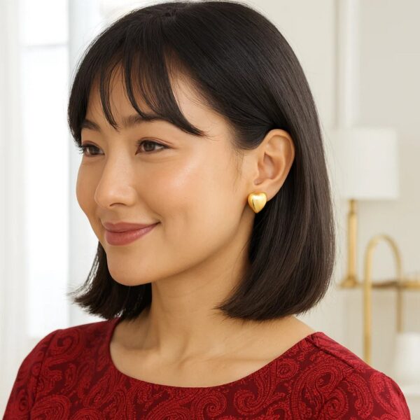 Sterling Silver Yellow Gold Plated Puffed Large Heart Stud Earrings - alternate view 3