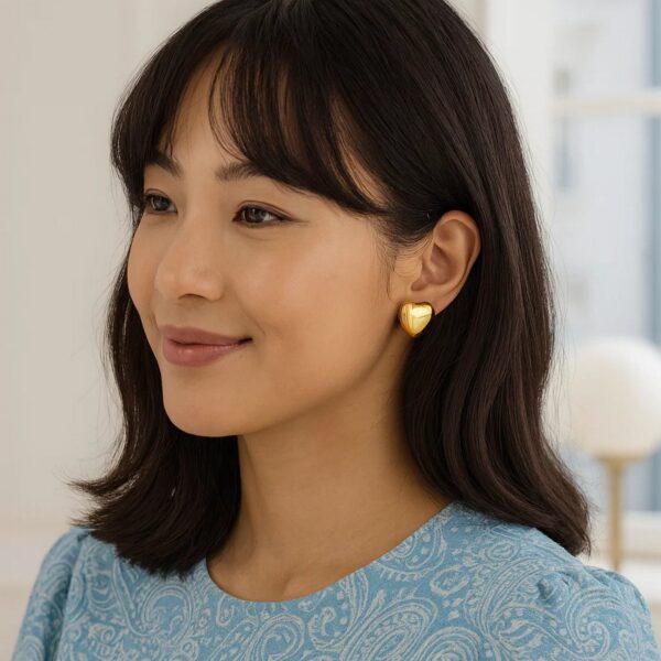 Sterling Silver Yellow Gold Plated Puffed Large Heart Stud Earrings - alternate view 4