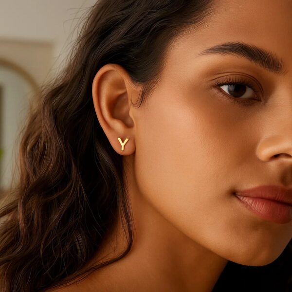 14K Yellow Gold Yours Truly Initial Y Stud Earrings - alternate view 2