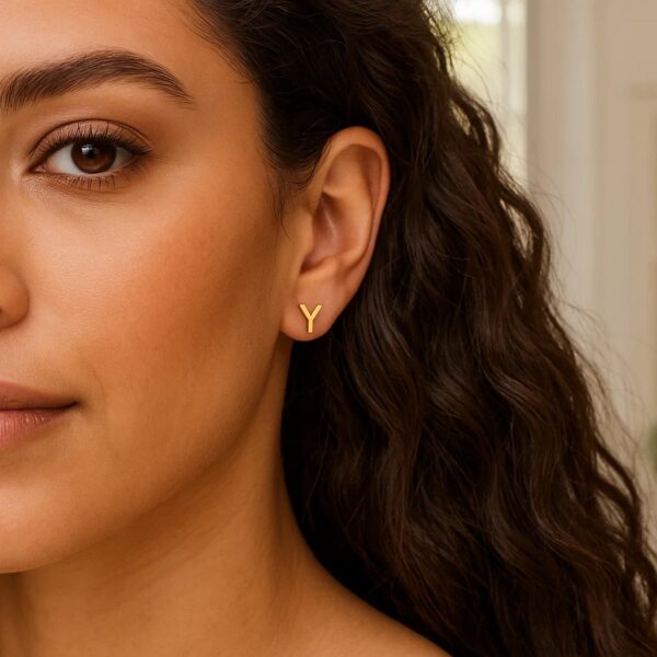 14K Yellow Gold Yours Truly Initial Y Stud Earrings - alternate view 3