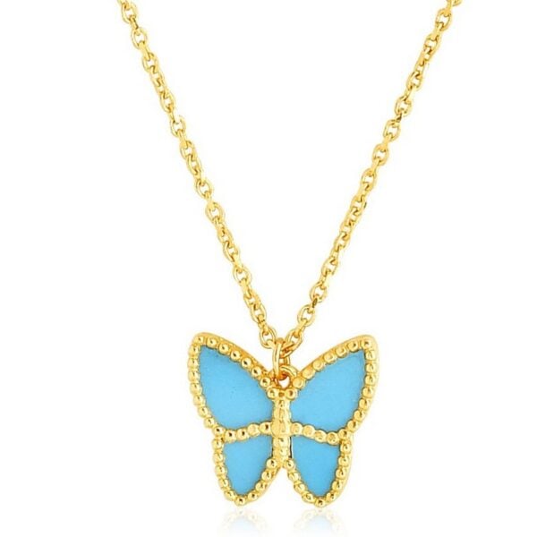 14k Yellow Gold High Polish Butterfly Turquoise Paste Necklace - alternate view 2