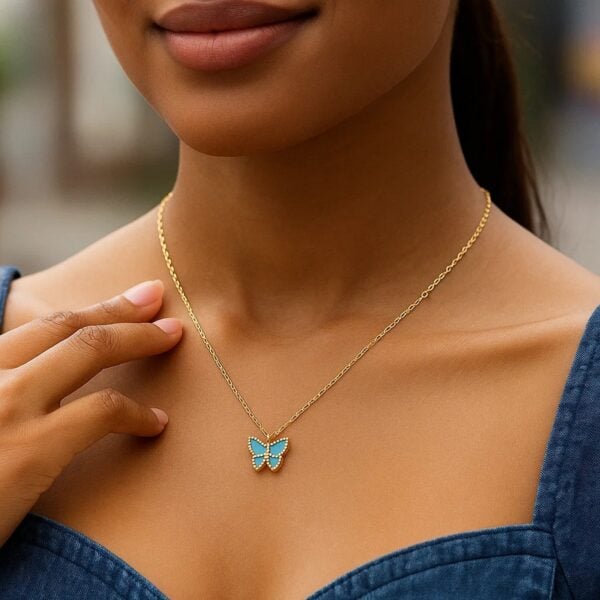14k Yellow Gold High Polish Butterfly Turquoise Paste Necklace - alternate view 3