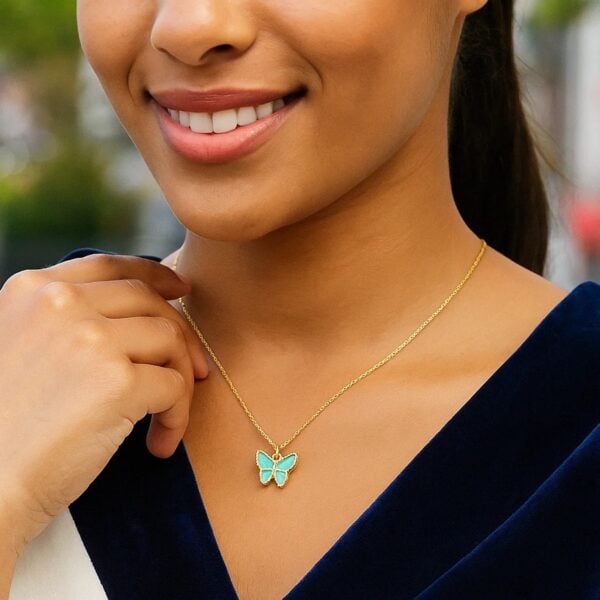 14k Yellow Gold High Polish Butterfly Turquoise Paste Necklace - alternate view 4