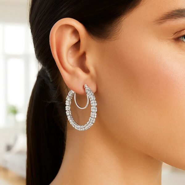 14K White Gold Ice Chain Round Hoops Earrings - alternate view 2