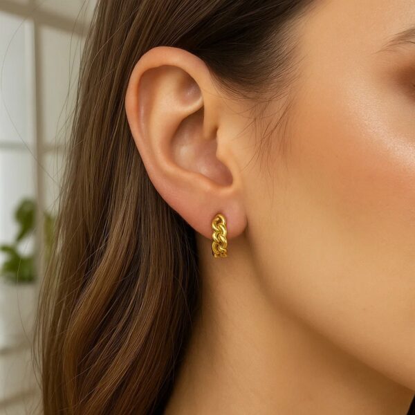 14K Yellow Gold Thick Curb Chain Huggie Hoop Earrings(4.2x12.4mm) - alternate view 2