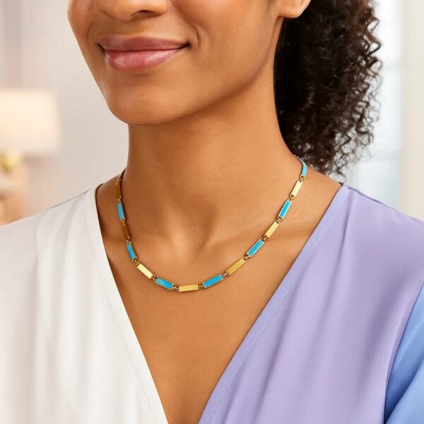 14K Yellow Gold Turquoise Rectangle Links Necklace (3.50 mm) - alternate view 5