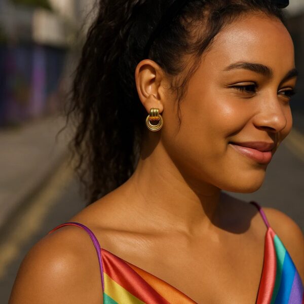 Sterling Silver Yellow Gold Plated Triple Door Knocker Hoop Earrings - alternate view 3