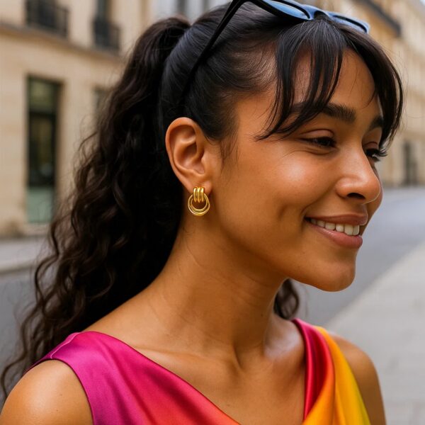 Sterling Silver Yellow Gold Plated Triple Door Knocker Hoop Earrings - alternate view 4