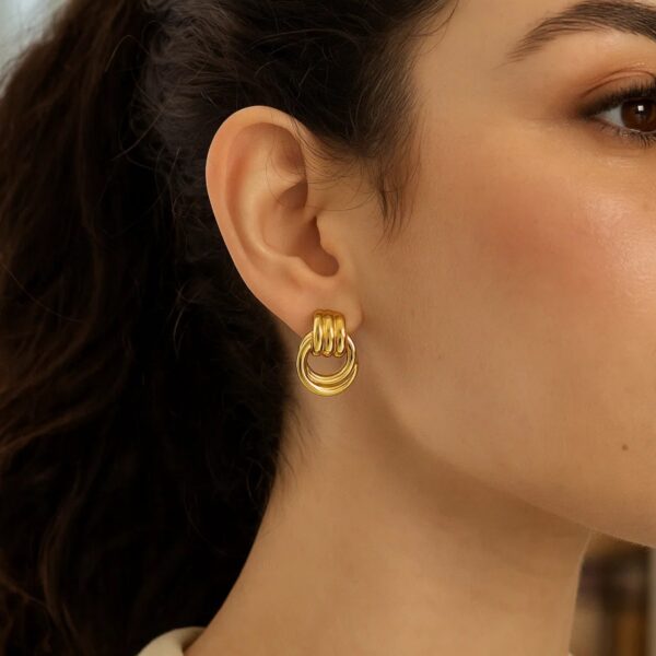Sterling Silver Yellow Gold Plated Triple Door Knocker Hoop Earrings - alternate view 5