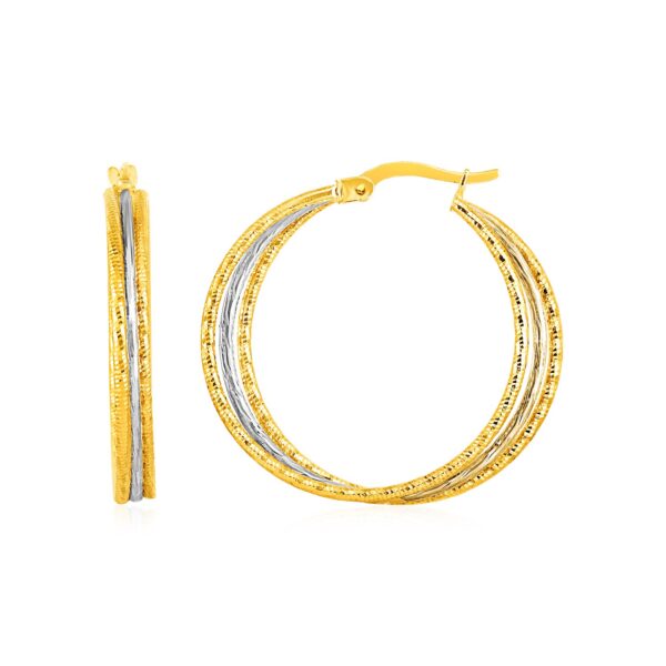 Three Part Textured Hoop Earrings in 14k Yellow and White Gold - Two-Tone Gold