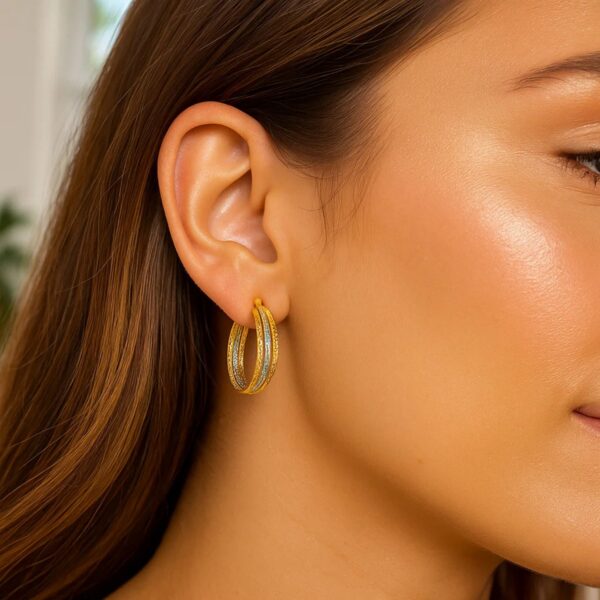 Three Part Textured Hoop Earrings in 14k Yellow and White Gold - Two-Tone Gold - alternate view 2