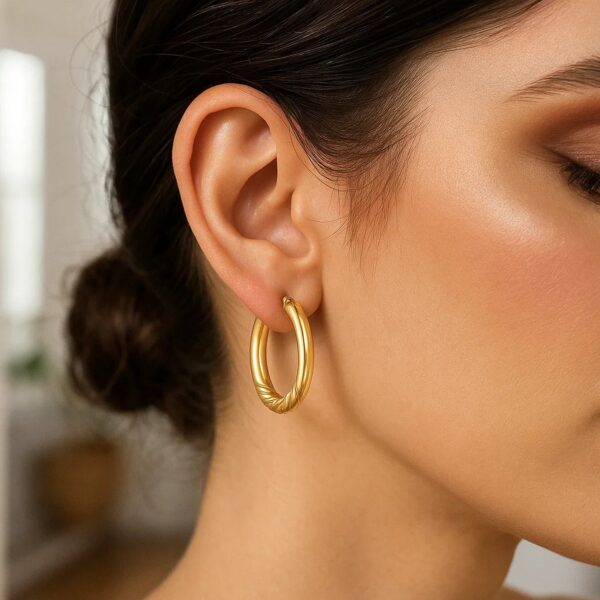 14K Yellow Gold Twisted Medium Hoop Earrings - alternate view 2