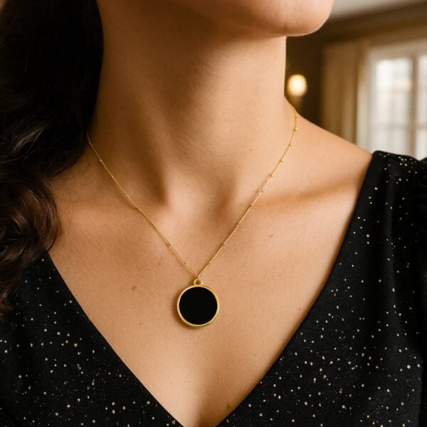 14K Yellow Gold Onyx Inlay Circle Necklace - alternate view 4