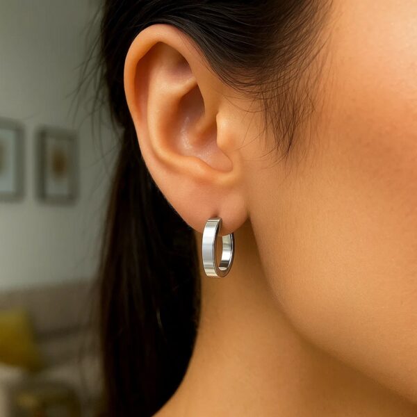 Sterling Silver Flat Style Oval Hoop Earrings with Rhodium Plating(4x14mm) - alternate view 2