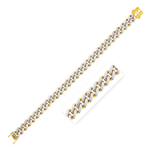 14k Two Tone Gold 8 1/4 inch Curb Chain Bracelet with White Pave (9.50 mm) - Two-Tone Gold