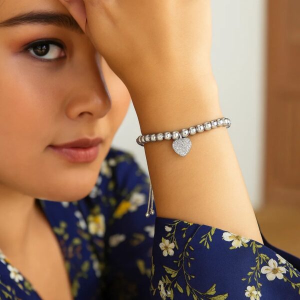 Adjustable Bead Bracelet with Round Charm and Cubic Zirconias in Sterling Silver - alternate view 4