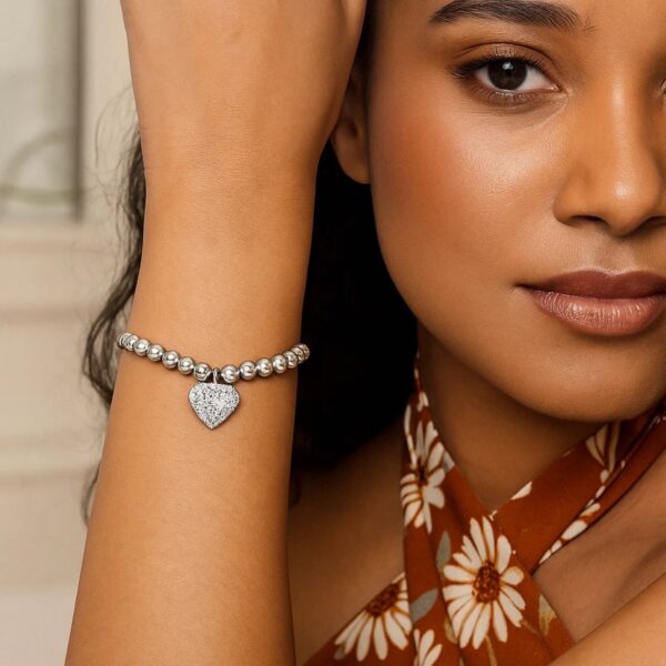 Adjustable Bead Bracelet with Round Charm and Cubic Zirconias in Sterling Silver - alternate view 5