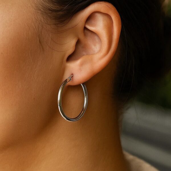 Sterling Silver Rhodium Plated Polished Motif Hoop Earrings (3x35mm) - alternate view 4