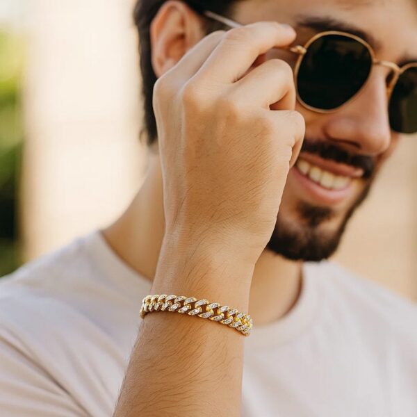 14k Yellow Gold White Pave High Polish Modern Lite Miami Cuban Bracelet(6.50 mm) - Two-Tone Gold - alternate view 2