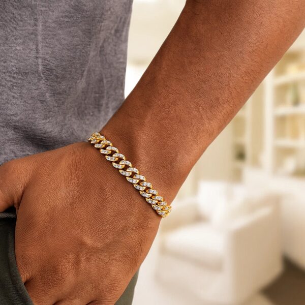14k Yellow Gold White Pave High Polish Modern Lite Miami Cuban Bracelet(6.50 mm) - Two-Tone Gold - alternate view 4
