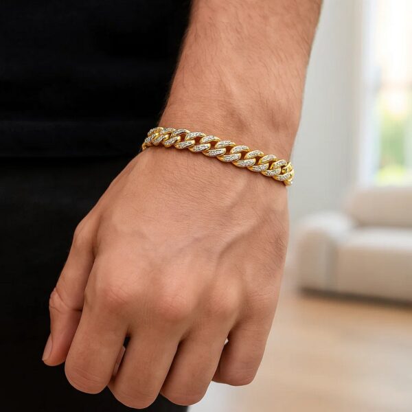 14k Yellow Gold White Pave High Polish Modern Lite Miami Cuban Bracelet(6.50 mm) - Two-Tone Gold - alternate view 5