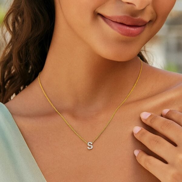 14K Yellow Gold Mini Diamond S Initial Pendant Necklace - alternate view 4
