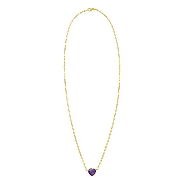 14K Yellow Gold Amethyst Heart Necklace (1.50 mm) - alternate view 2
