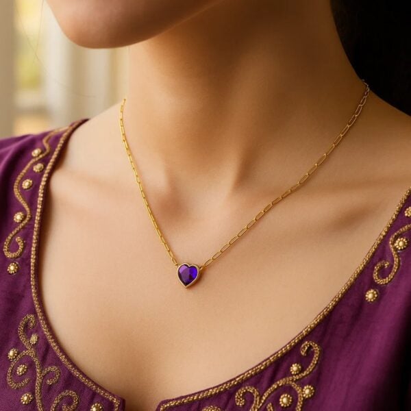 14K Yellow Gold Amethyst Heart Necklace (1.50 mm) - alternate view 3