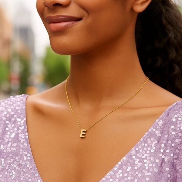 14K Yellow Gold Yours Truly Block Letter Initial E Necklace - alternate view 4