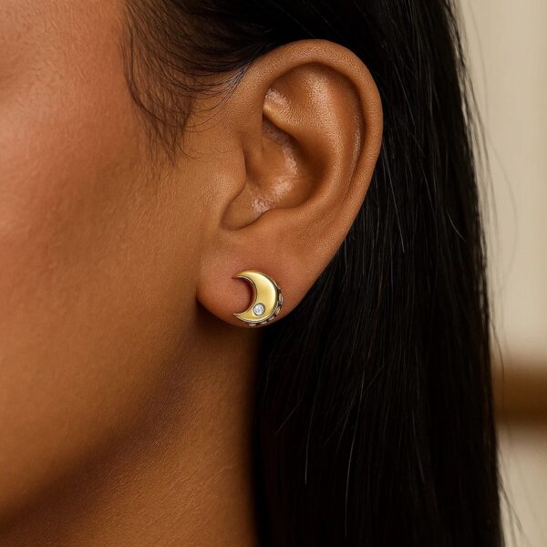 14k Yellow Gold Polished Moon Earrings with Diamonds - J - alternate view 2