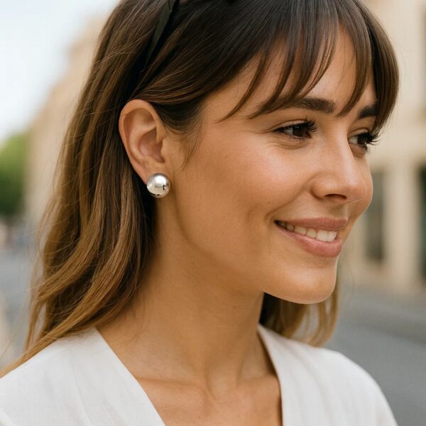 Sterling Silver Rhodium Plated Puffed Button Omega Earrings - alternate view 5
