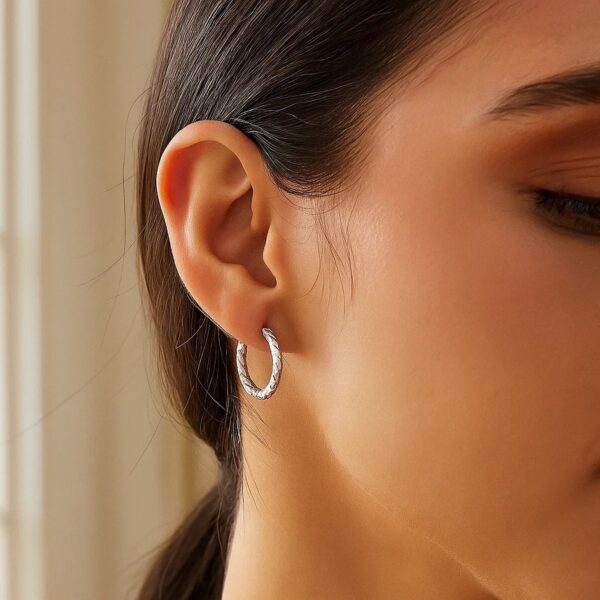 Sterling Silver Faceted Design Hoop Earrings with Rhodium Plating(2x15mm) - alternate view 2