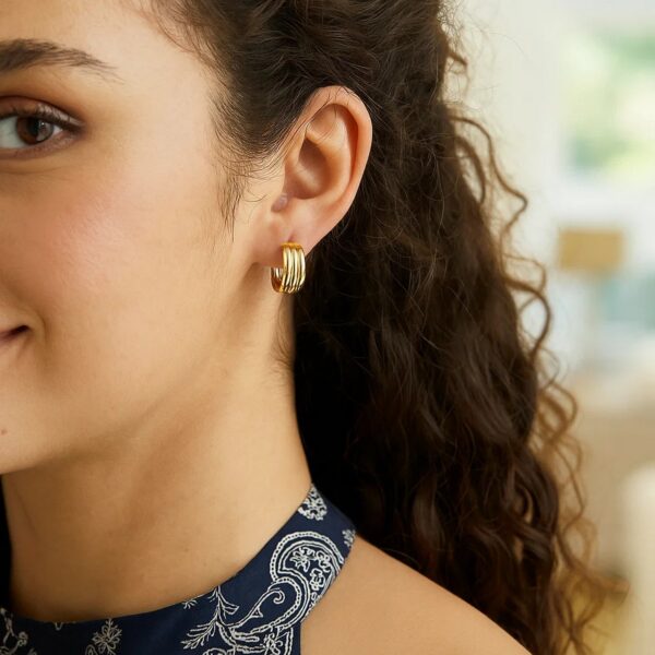 14K Yellow Gold Small Triple Row Round Hoop Earrings (10.00 mm) - alternate view 3