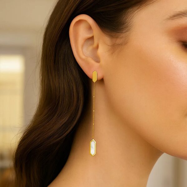 14K Yellow Gold Hexagon Mother of Pearl Drop Earrings - alternate view 2