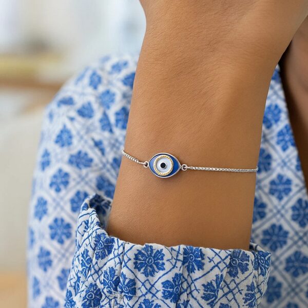 Sterling Silver Adjustable Two Toned Enameled Evil Eye Friendship Bracelet - alternate view 4