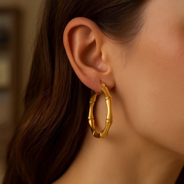 14k Yellow Gold Large Bamboo Hoops - alternate view 3