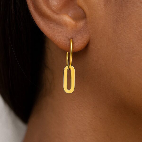 14k Yellow Gold Huggie Style Hoop Earrings with Paperclip Link Drops - alternate view 4