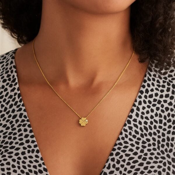 14k Yellow Gold Polished Four Leaf Clover Necklace with Diamond - alternate view 3